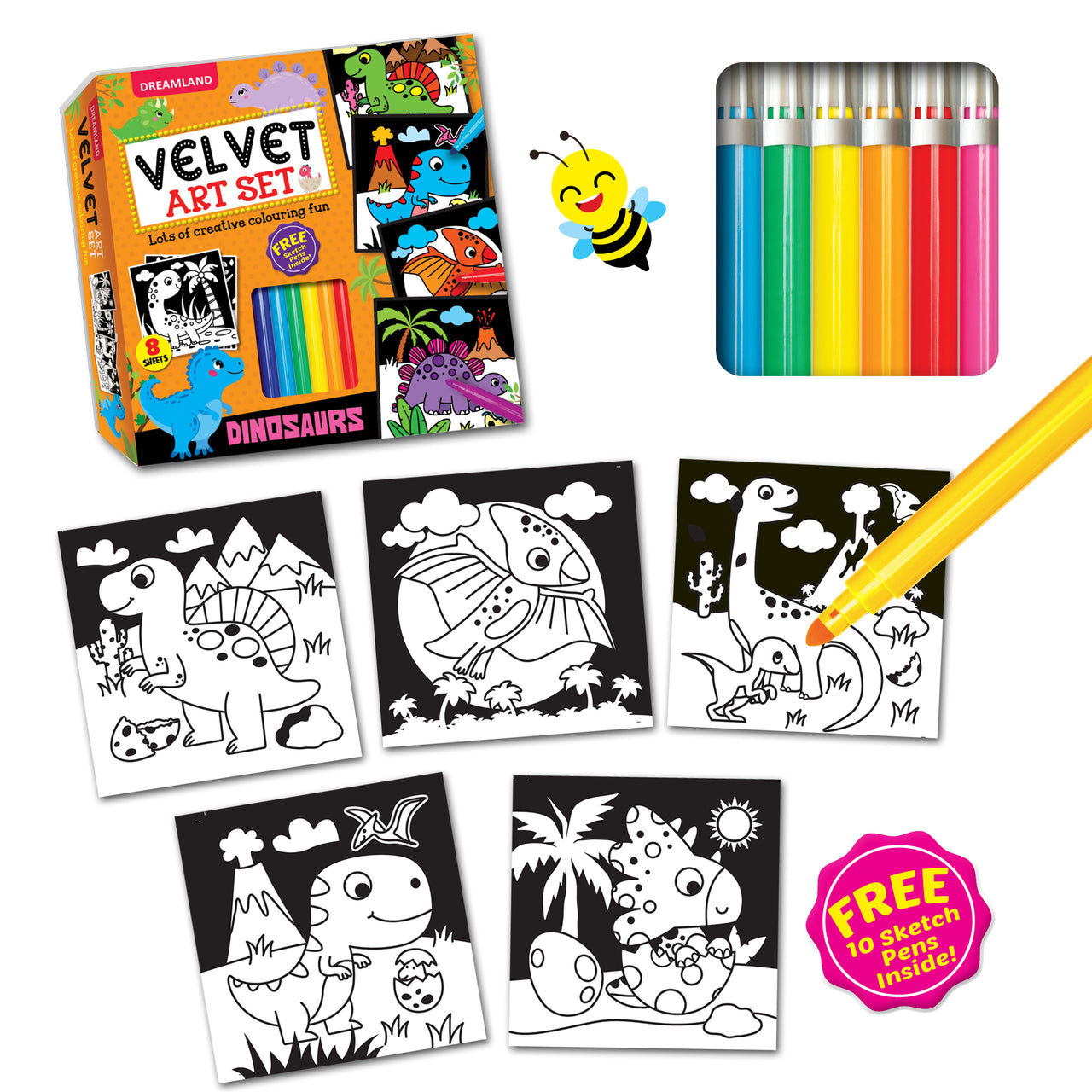 Dreamland Publications Dinosaurs - Velvet Art Set With 10 Free Sketch Pens - Distacart
