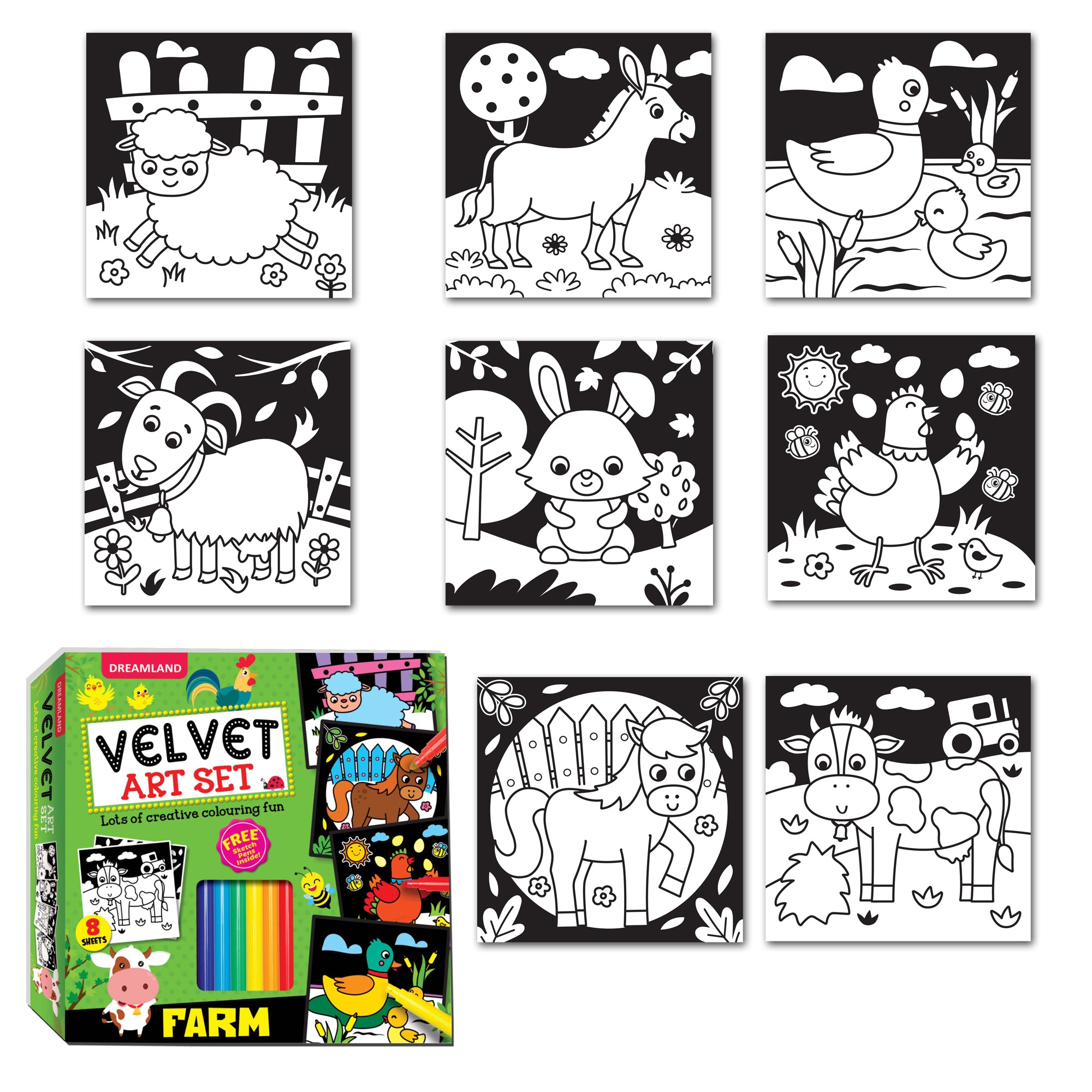 Dreamland Publications Farm - Velvet Art Set With 10 Free Sketch Pens - Distacart