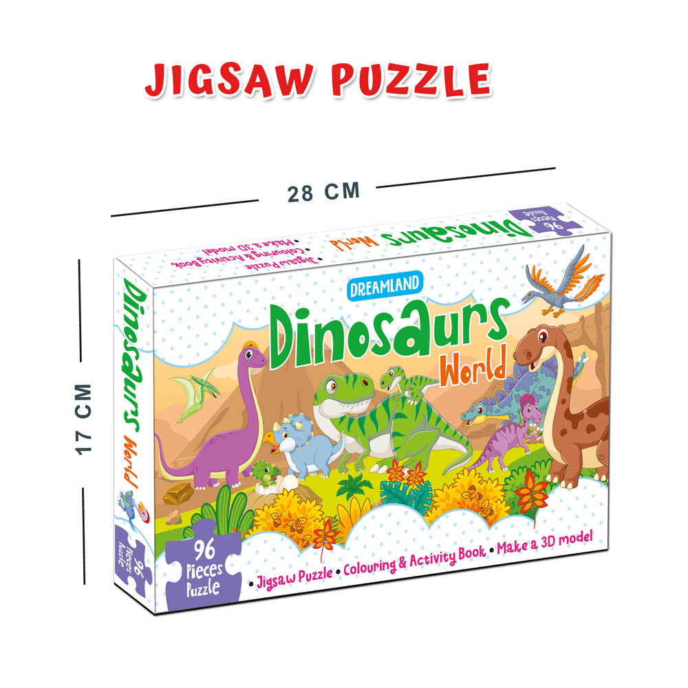 Dreamland Publications Dinosaurs World Jigsaw Puzzle for Kids – 96 Pcs | With Colouring & Activity Book and 3D Model - Distacart