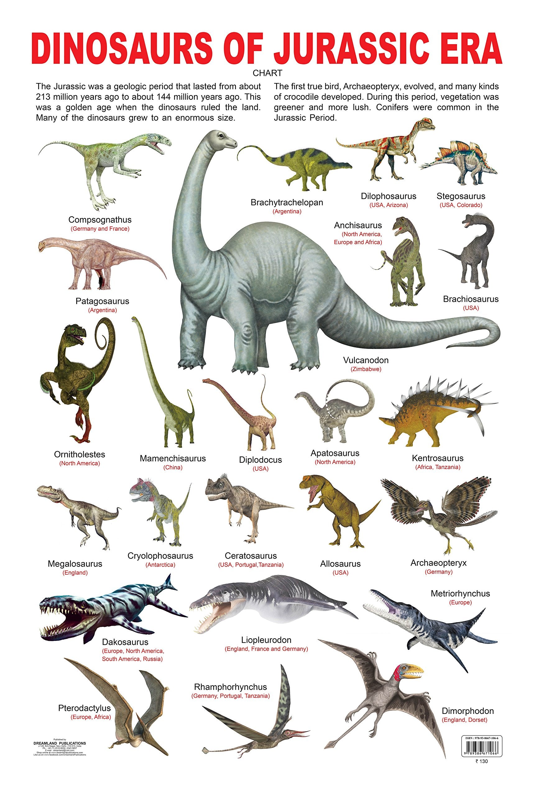 Dreamland Publications Educational Chart for Kids - Dinosaurs of Jurassic Era - Distacart