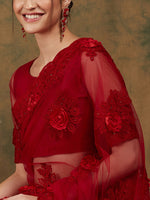 Thumbnail for Sangria Red Floral Embroidered Saree - Distacart