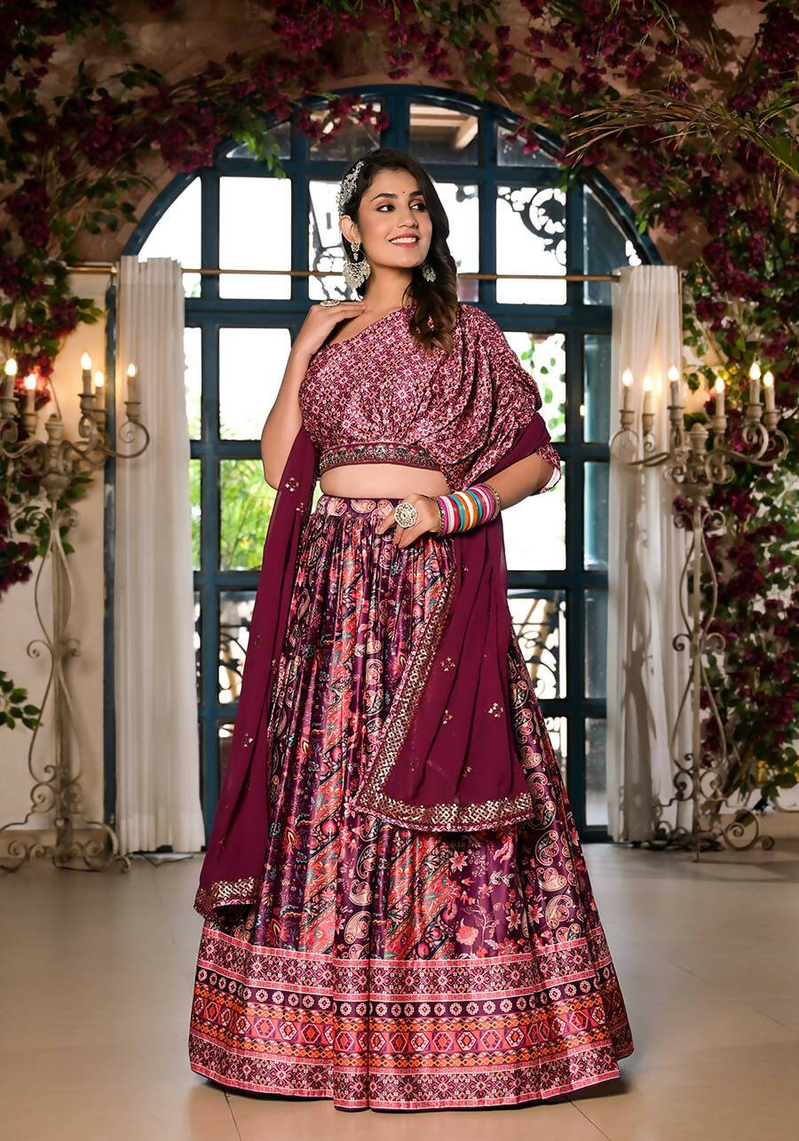 Women's Wedding Traditional Mulberry Dull Satin Lehenga Choli - Kaushlya - Distacart