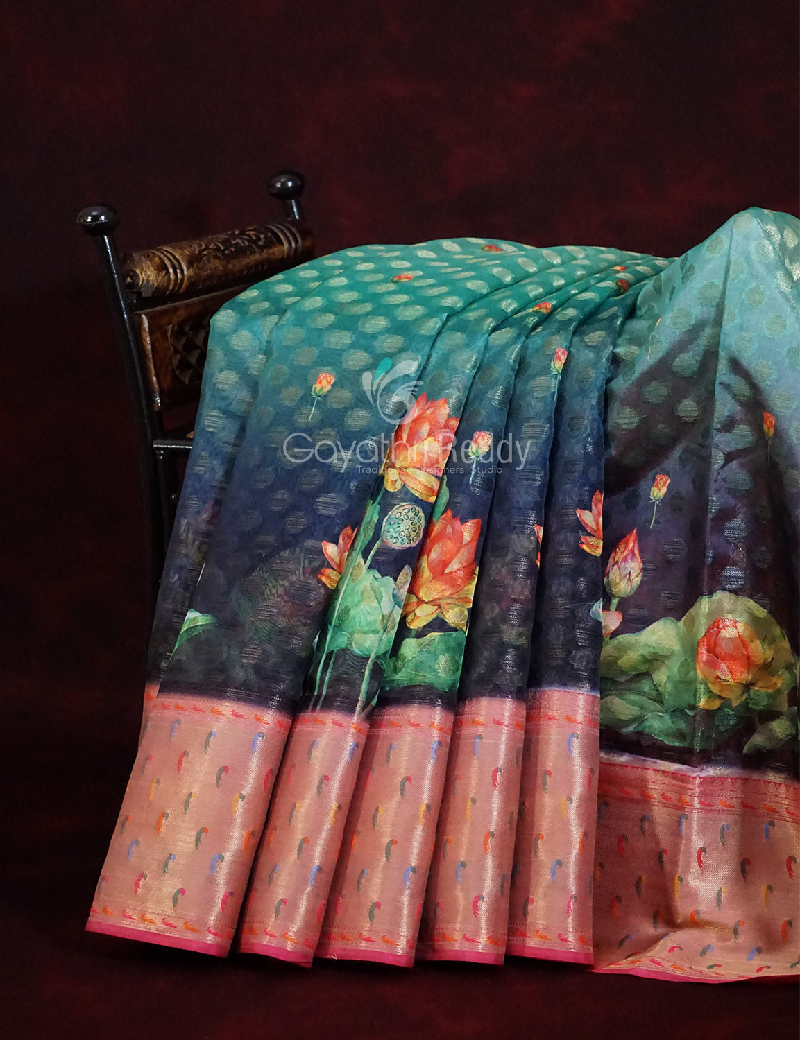 Green and Pink Banaras Border Floral Design Banarasi Semi Silk Saree By Gayathri Reddy Designer Studio - Distacart