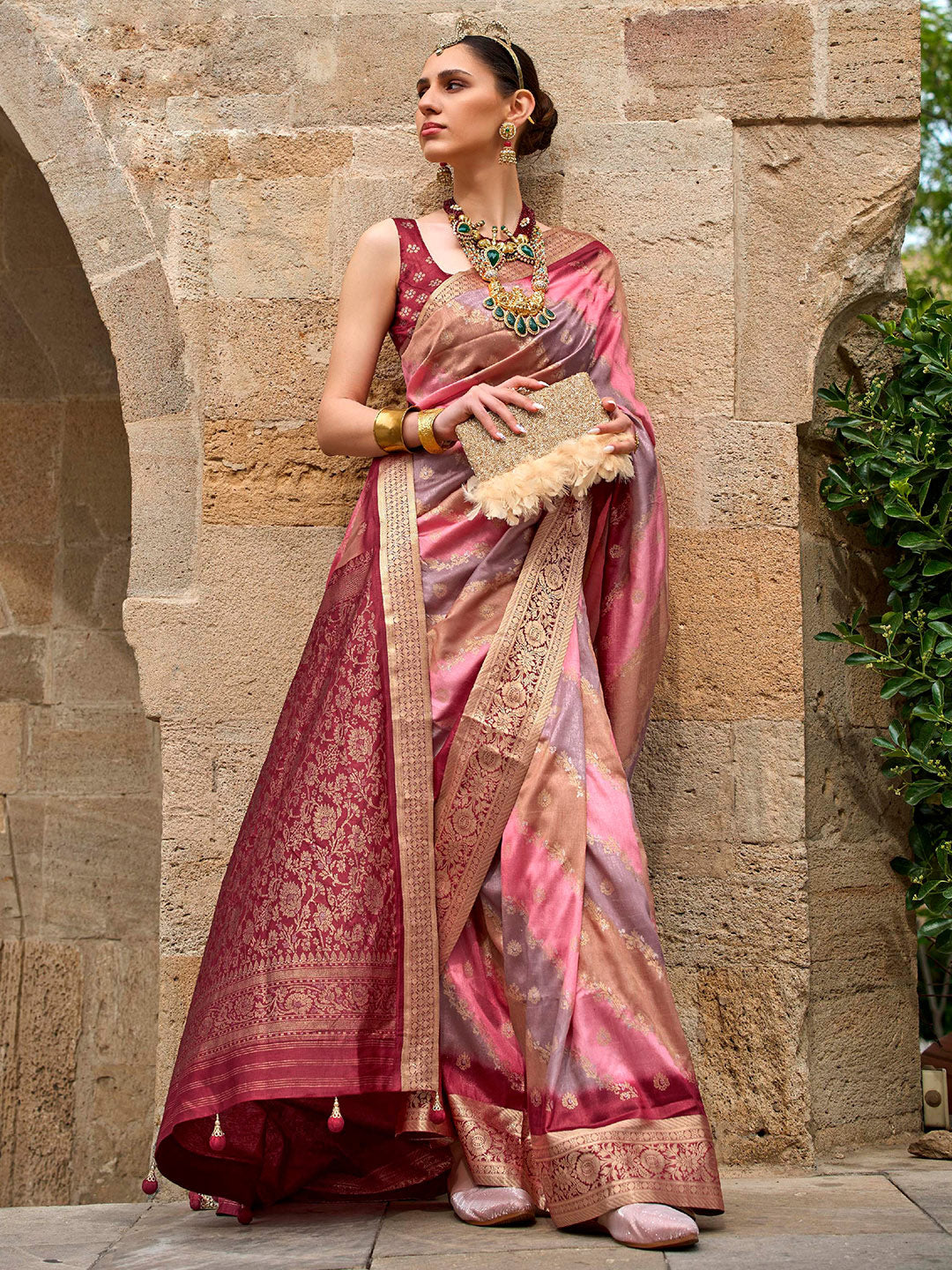 Mitera Burgundy Floral Woven Designed Zari Saree - Distacart