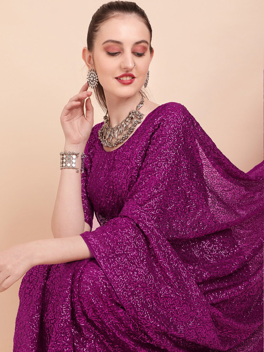 Sangria Sequinned Pure Georgette Party Saree - Distacart
