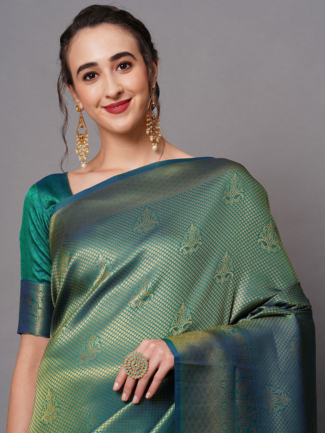Mitera Teal & Gold-Toned Woven Design Zari Silk Blend Banarasi Saree - Distacart