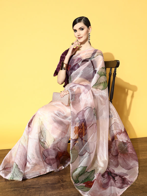 Tikhi Imli Pink & Mauve Floral Organza Saree - Distacart