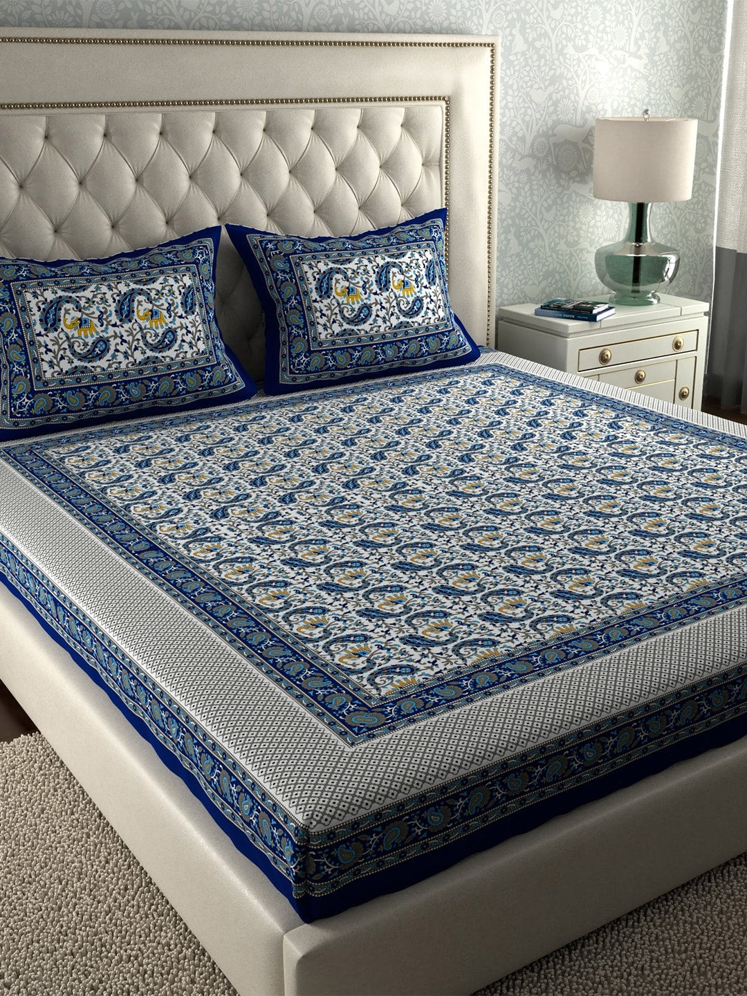 LA VERNE Blue & White Printed 104 TC Queen Bedsheet with 2 Pillow Covers - Distacart