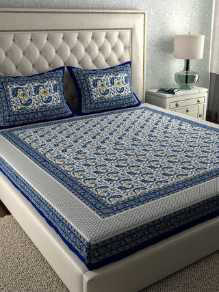 LA VERNE Blue & White Printed 104 TC Queen Bedsheet with 2 Pillow Covers - Distacart