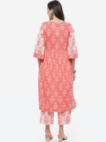 Thumbnail for Biba Women Peach-Coloured Floral Printed Pleated Pure Cotton Kurta with Trousers - Distacart