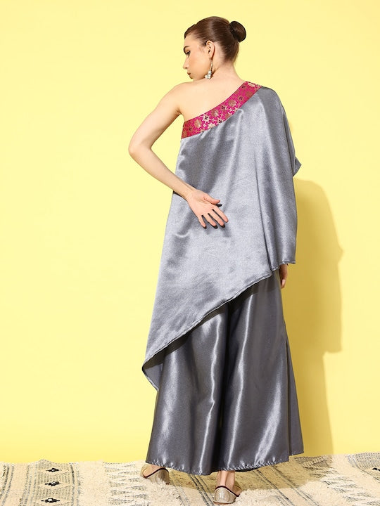 InWeave Women's Grey Pink Brocade Satin Oneshoulder Kurta Set - Distacart