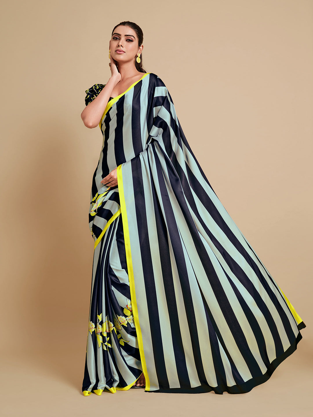 Sangria Navy Blue & Green Striped Satin Saree - Distacart