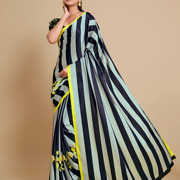 Sangria Navy Blue & Green Striped Satin Saree - Distacart