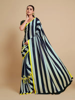 Thumbnail for Sangria Navy Blue & Green Striped Satin Saree - Distacart