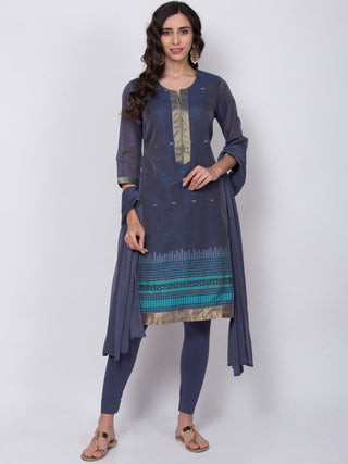 Biba Women Navy Blue Woven Design Kurta with Churidar & Dupatta - Distacart