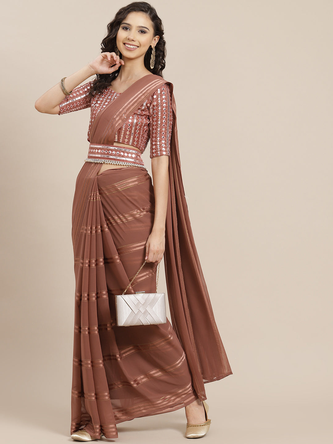 Saree Mall Brown Striped Mirror Work Saree - Distacart