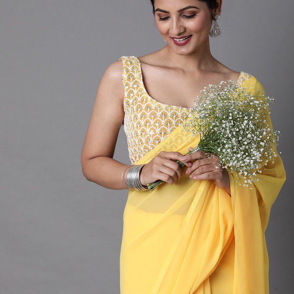 Mitera Yellow Solid Pure Georgette Saree - Distacart