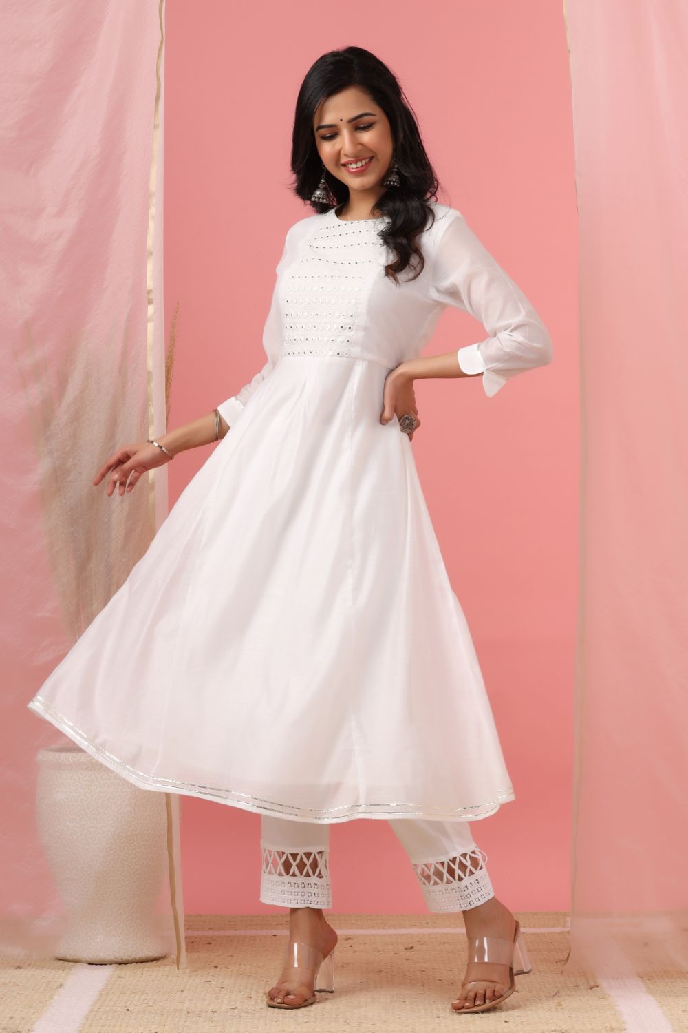 Juniper Womens White Cotton Chanderi Embellished A-Line Kurta - Distacart