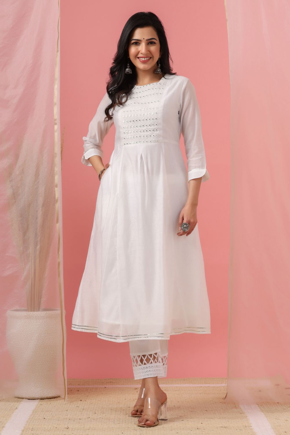 Juniper Womens White Cotton Chanderi Embellished A-Line Kurta - Distacart