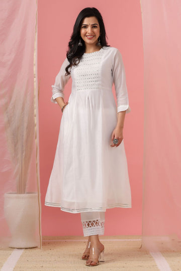 Juniper Womens White Cotton Chanderi Embellished A-Line Kurta - Distacart