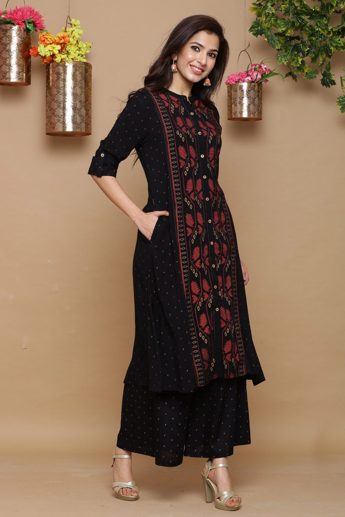 Juniper Womens Black Rayon Slub Printed Kurta - Distacart