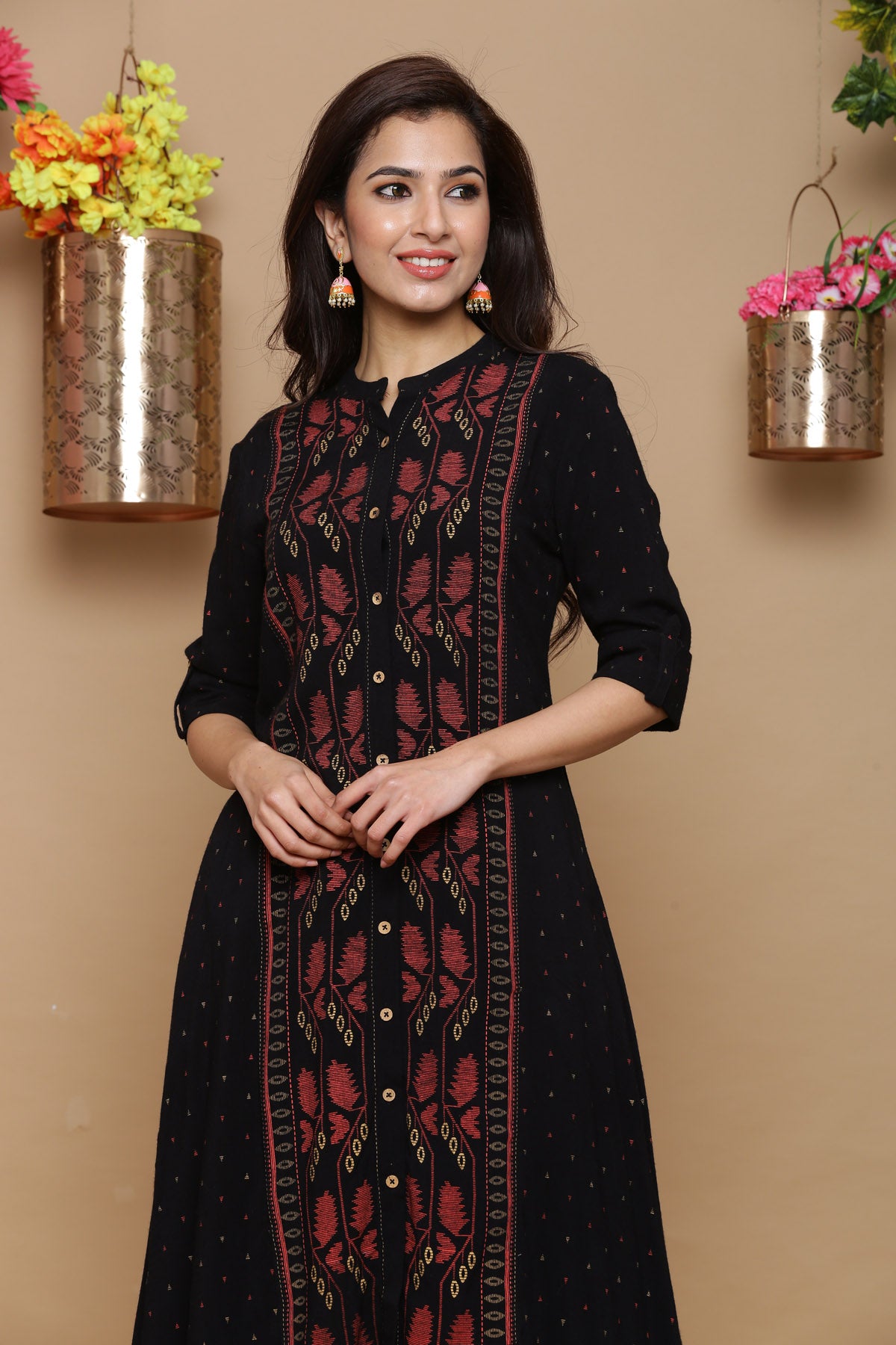 Juniper Womens Black Rayon Slub Printed Kurta - Distacart