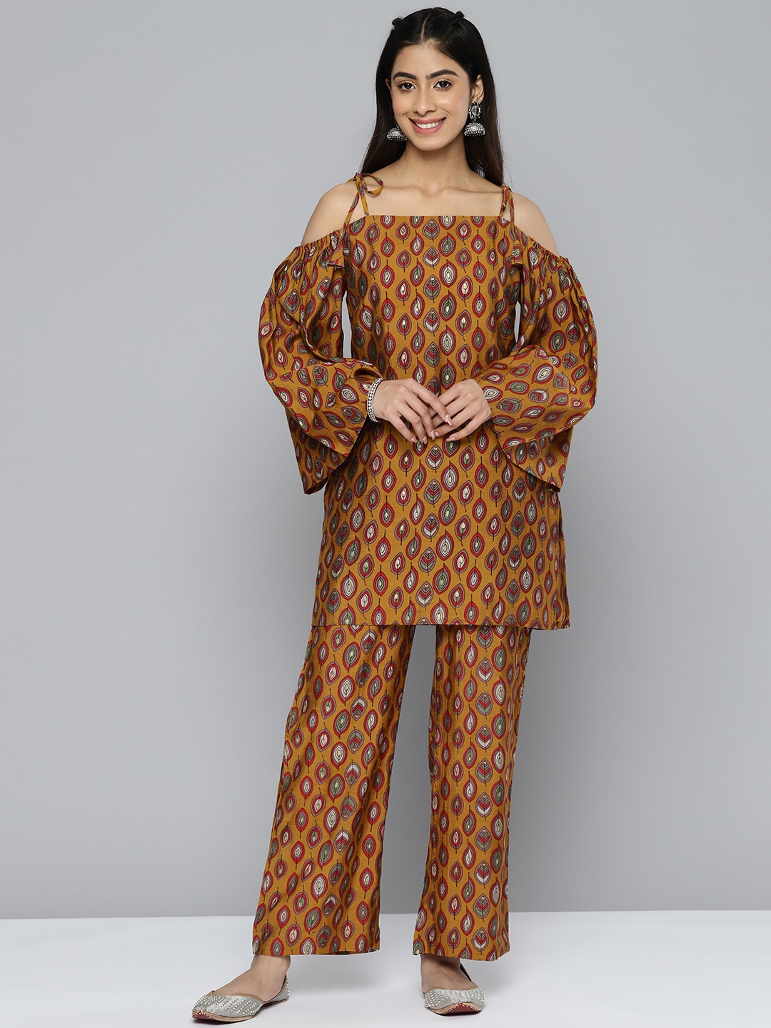 HERE&NOW Women Ethnic Motifs Printed Cold-Shoulder Kurta with Palazzos - Distacart