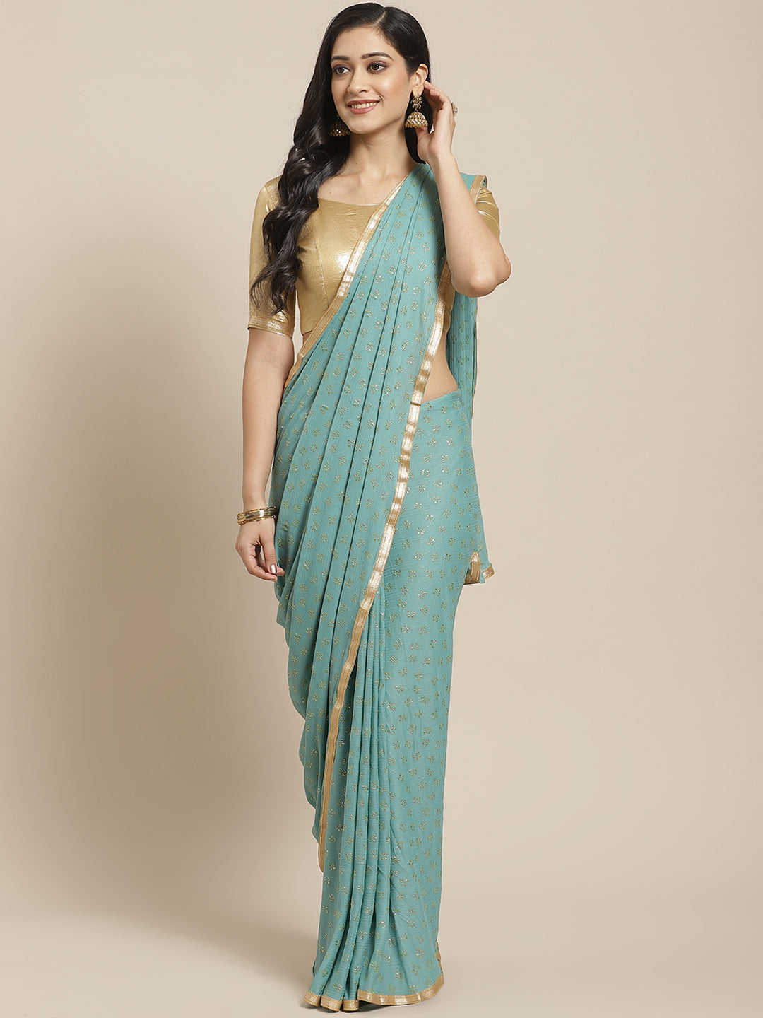 Saree Mall Blue & Golden Quirky Print Saree - Distacart