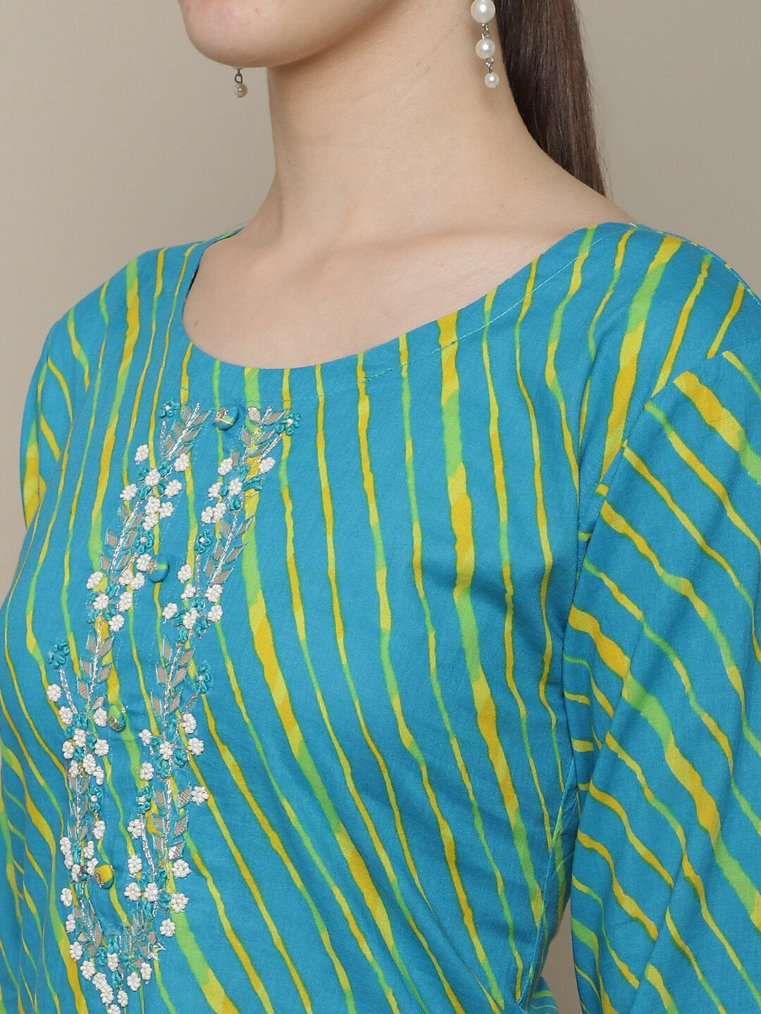 Sangria Women Blue & Yellow Leheriya Dyed Thread Work Kurta - Distacart