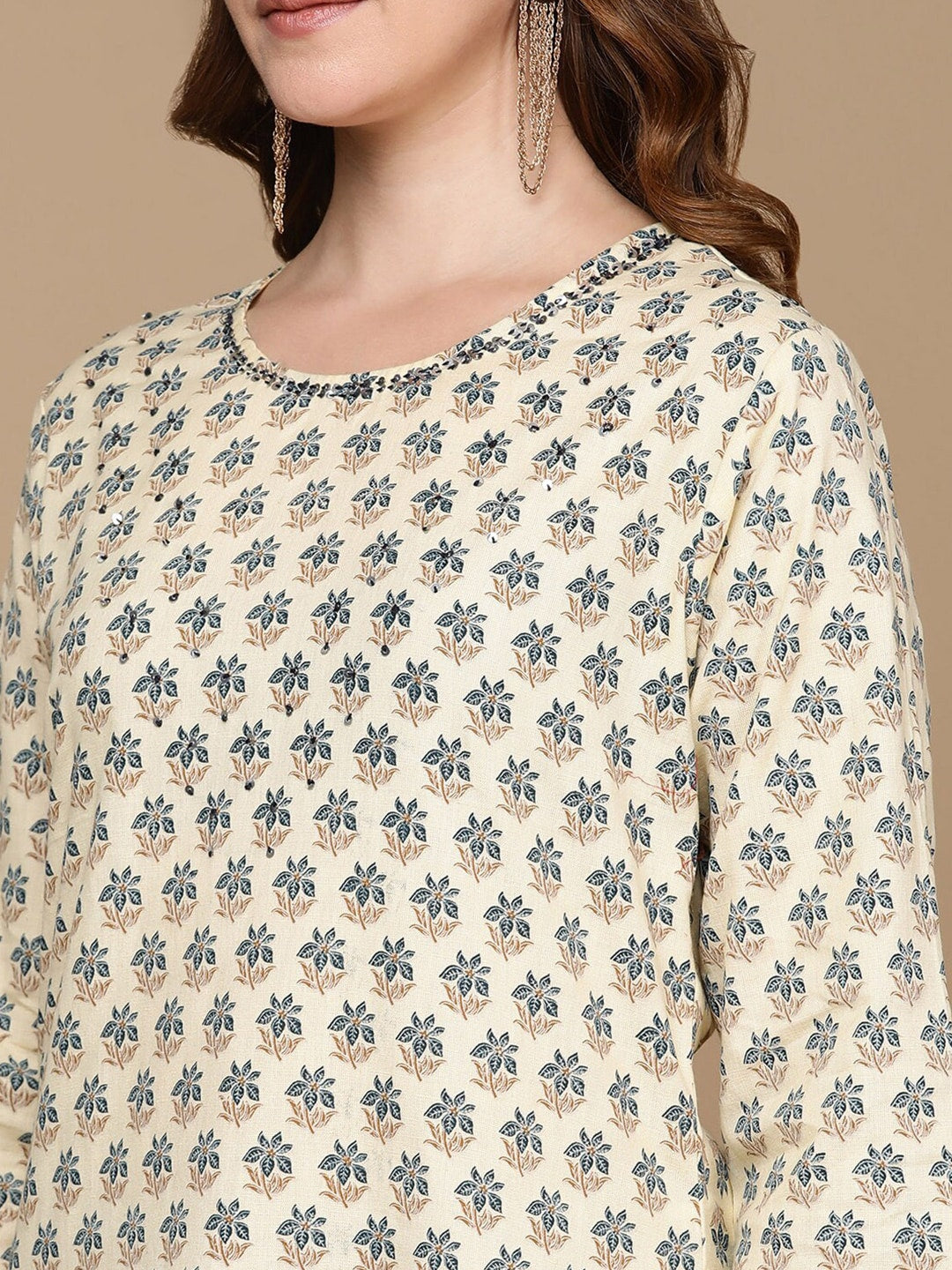 HERE&NOW Cream-Color & Teal Ethnic Motifs Printed Sequined Cotton Kurta - Distacart