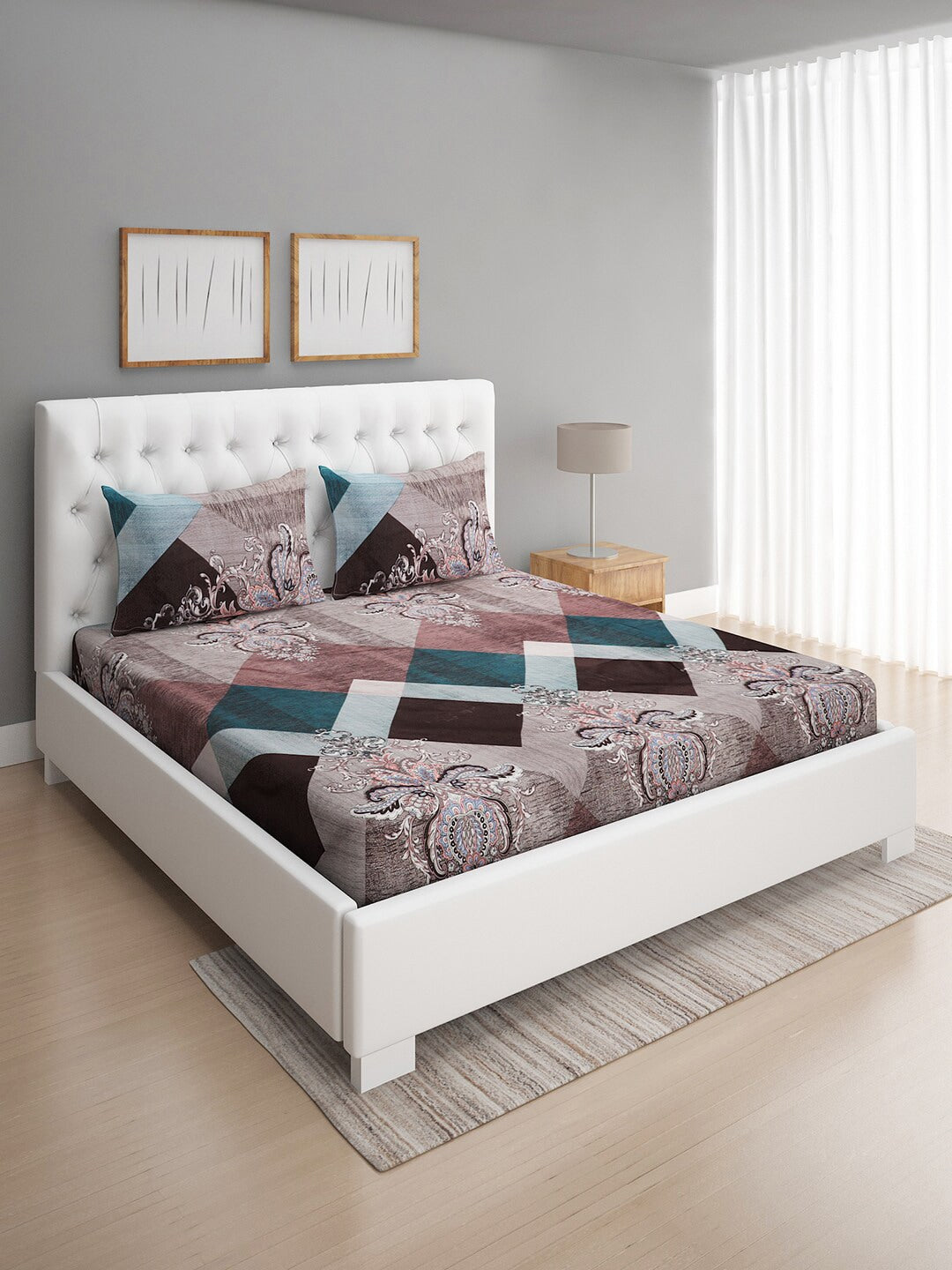 ROMEE Brown Geometric Print 144 TC Microfiber Queen Bedsheet with 2 Pillow Covers - Distacart