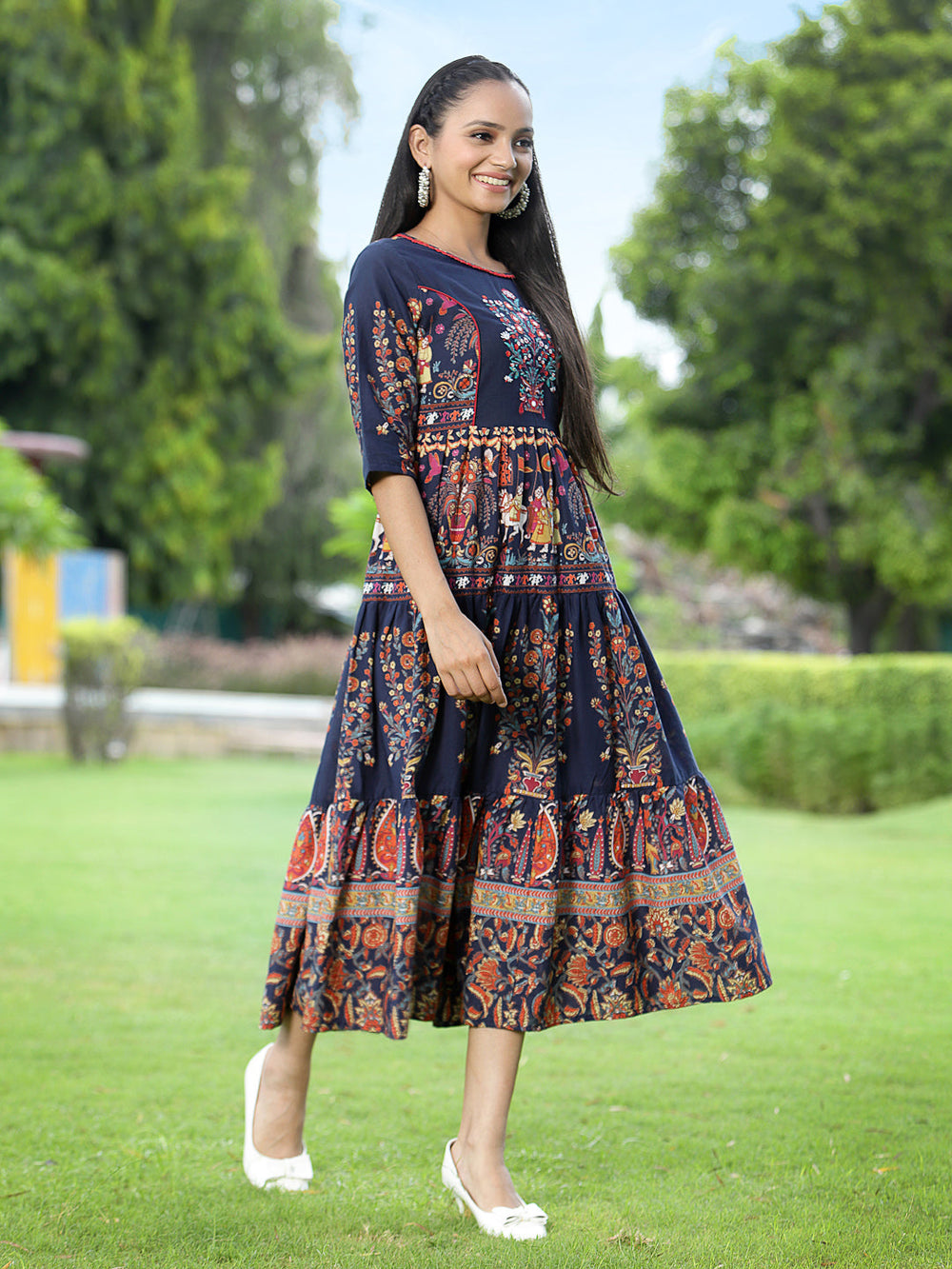 Juniper Women's Indigo Cambric Printed Tiered Dress - Distacart