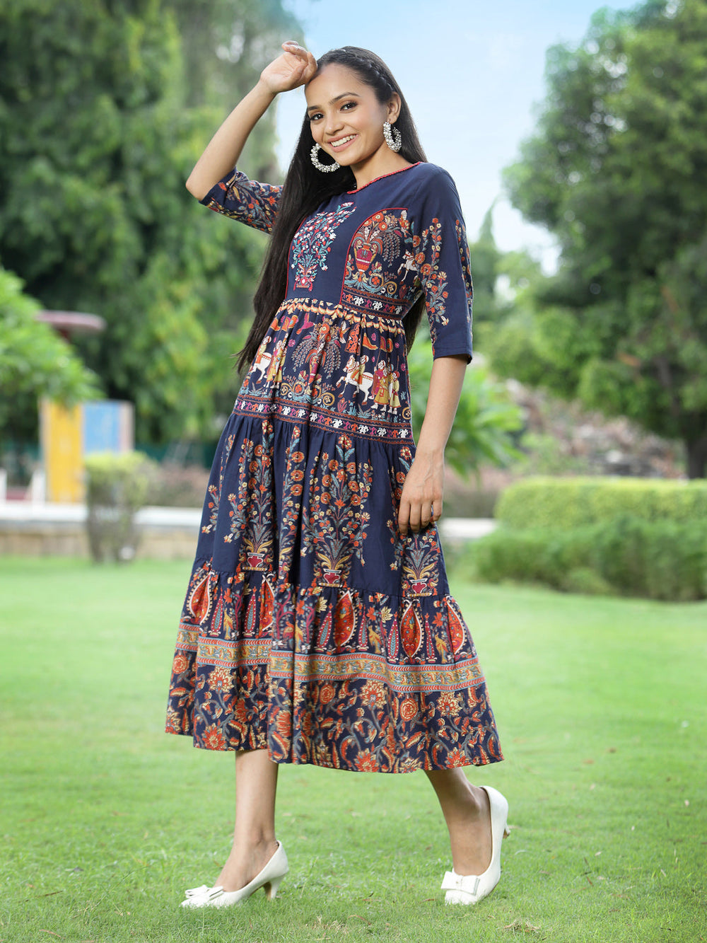 Juniper Women's Indigo Cambric Printed Tiered Dress - Distacart