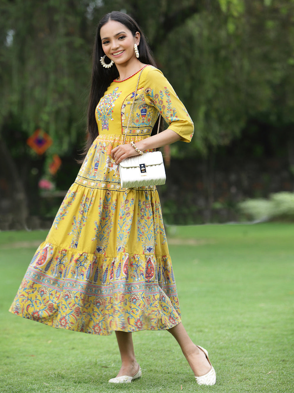 Juniper Women's Mustard Cambric Printed Tiered Dress - Distacart