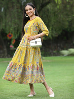 Thumbnail for Juniper Women's Mustard Cambric Printed Tiered Dress - Distacart