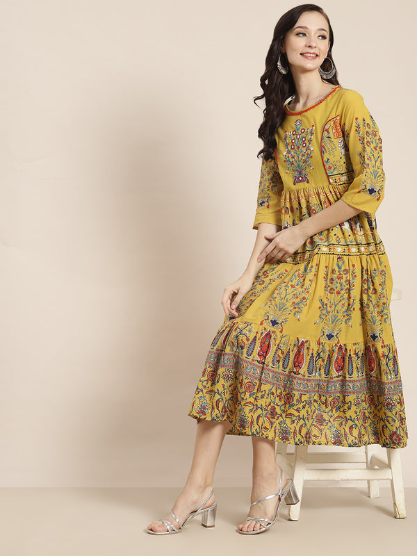 Juniper Women Mustard Cambric Printed Tiered Dress - Distacart