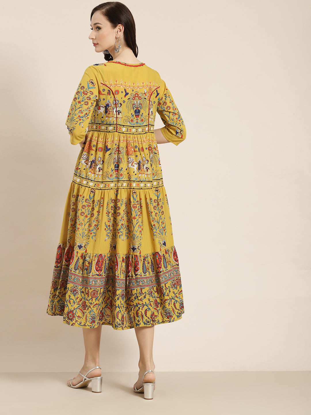 Juniper Women Mustard Cambric Printed Tiered Dress - Distacart