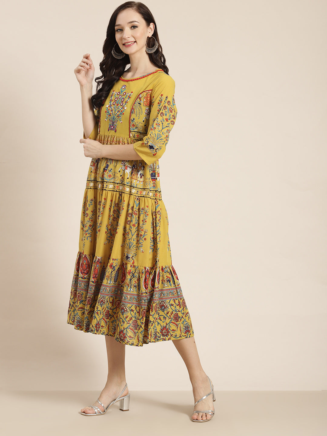 Juniper Women Mustard Cambric Printed Tiered Dress - Distacart