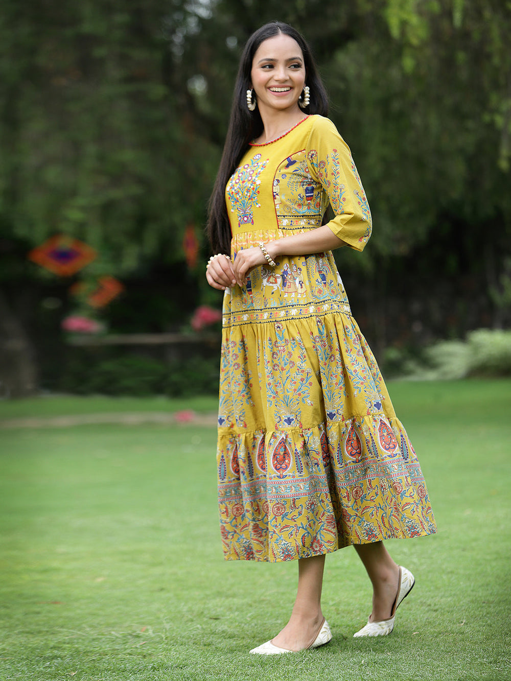 Juniper Women's Mustard Cambric Printed Tiered Dress - Distacart
