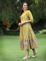 Thumbnail for Juniper Women's Mustard Cambric Printed Tiered Dress - Distacart