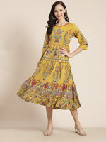 Thumbnail for Juniper Women Mustard Cambric Printed Tiered Dress - Distacart