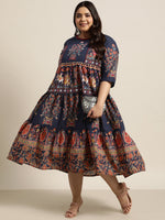Thumbnail for Juniper Women's Indigo Cambric Daily Wear Printed Tiered Dress - Distacart