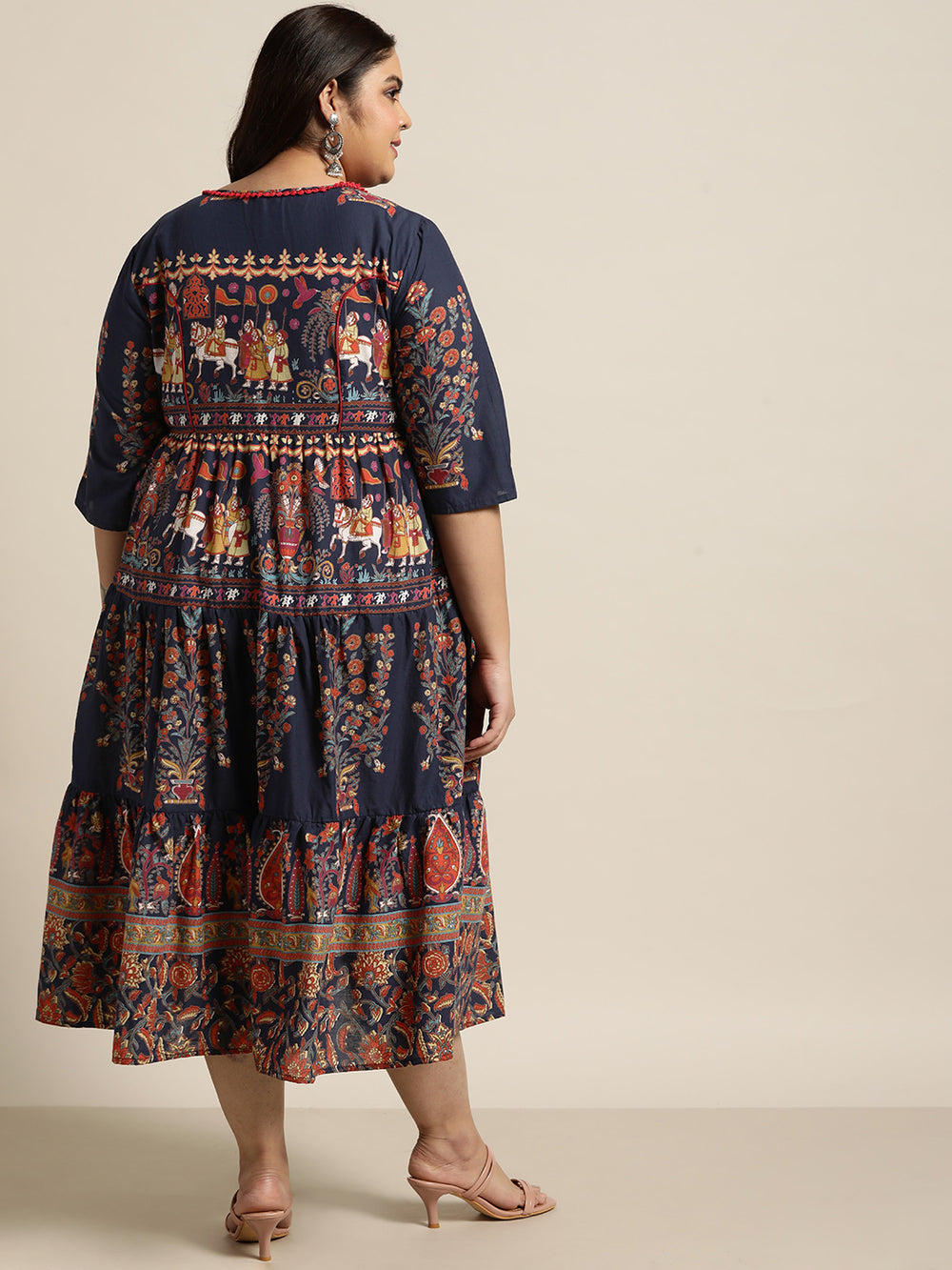 Juniper Women's Indigo Cambric Daily Wear Printed Tiered Dress - Distacart