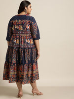Thumbnail for Juniper Women's Indigo Cambric Daily Wear Printed Tiered Dress - Distacart