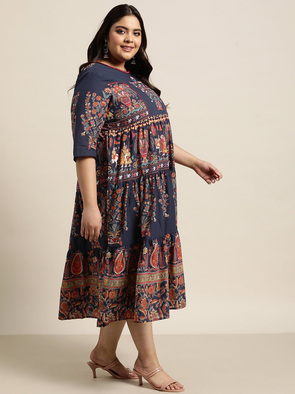 Juniper Women's Indigo Cambric Daily Wear Printed Tiered Dress - Distacart