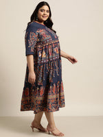 Thumbnail for Juniper Women's Indigo Cambric Daily Wear Printed Tiered Dress - Distacart
