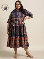 Thumbnail for Juniper Women's Indigo Cambric Daily Wear Printed Tiered Dress - Distacart
