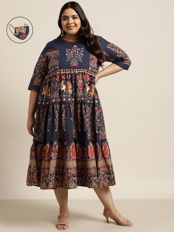 Juniper Women's Indigo Cambric Daily Wear Printed Tiered Dress - Distacart