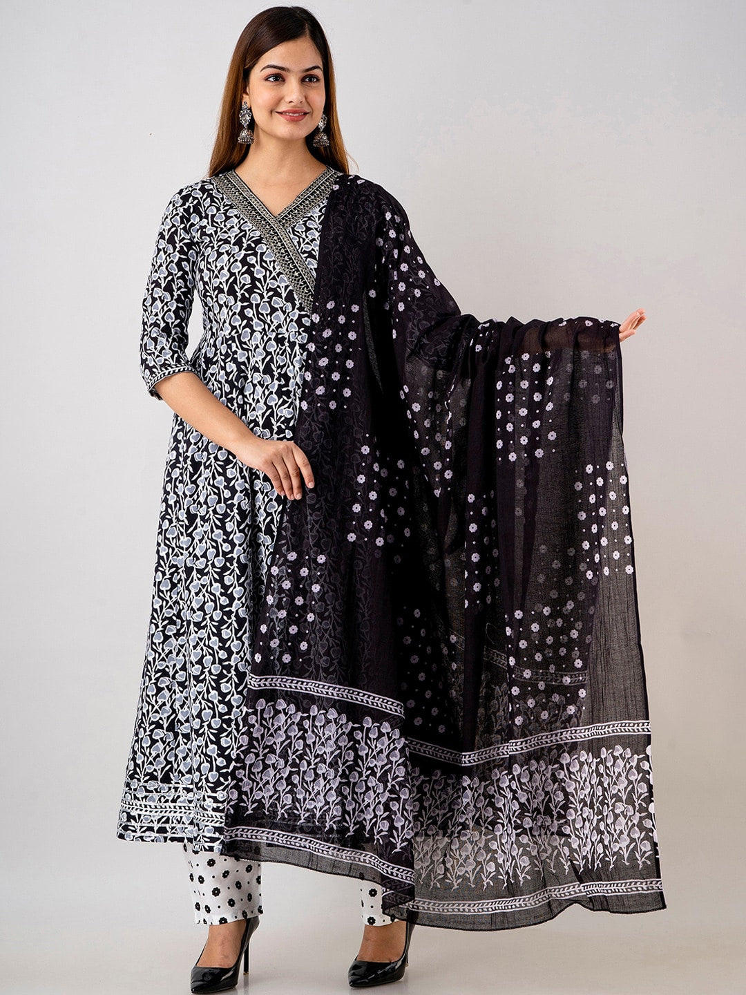 Kalini Women Floral Printed Angrakha Pure Cotton Kurta with Trousers & With Dupatta - Distacart