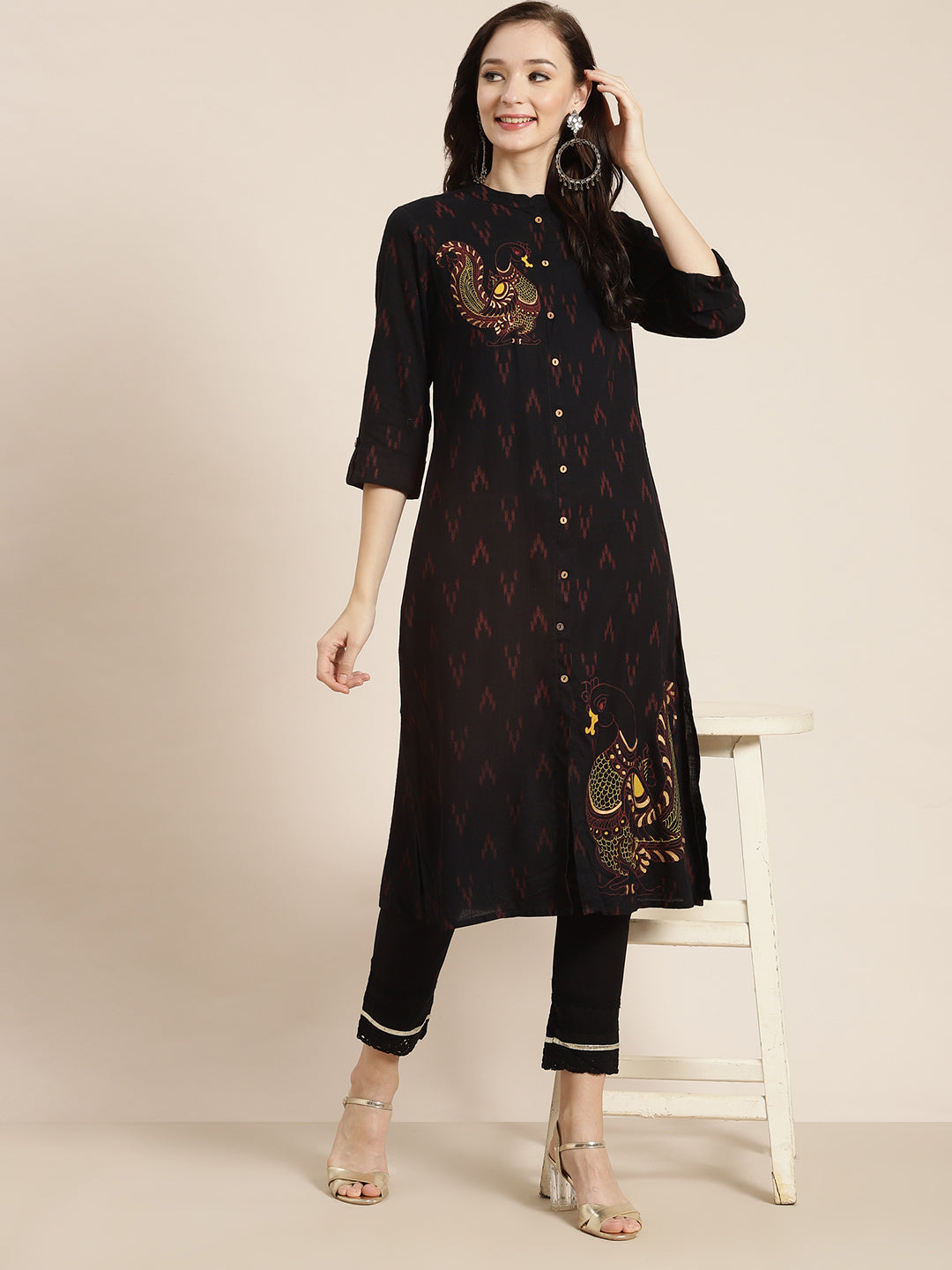 Juniper Womens M-Black Rayon Slub Printed Kurta - Distacart